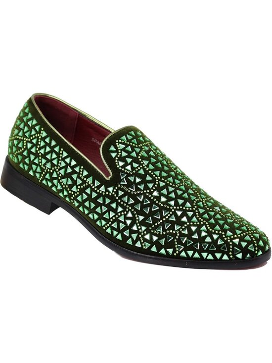 Enzo Romeo Men\'s Olive Rubber Sole Rhinestone Sparkling Suede Loafer Prom Shoes